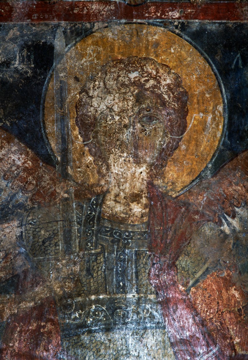 Helgenfigur, freskomaleri i den bysantinske kirken Agios Constantinos og Agia Eleni, Voukolies, Kreta, Hellas (bilde) av Theodore Charles Ange Coquelin