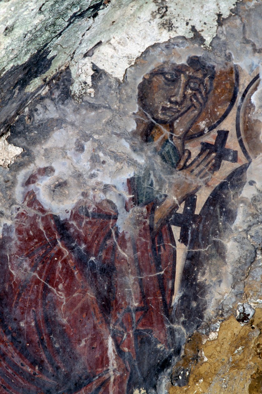 En helgenfigur med kors, freskomaleri i den bysantinske kirken i Prodromi, Kreta, Hellas (bilde) av Theodore Charles Ange Coquelin
