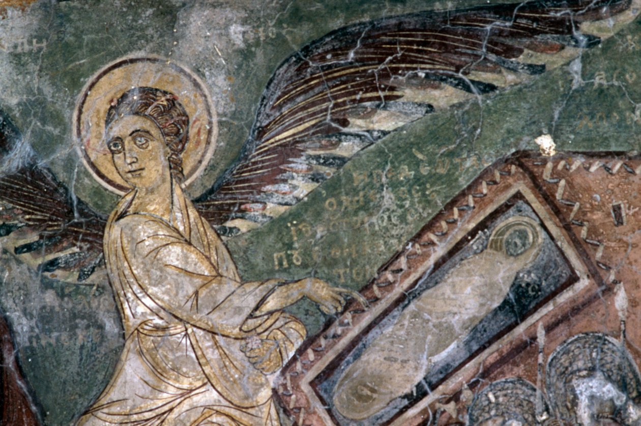 Fresker med engel i Church of Metamorphosis tou Sotiros, Kefali, Kreta, Hellas (bilde) av Theodore Charles Ange Coquelin