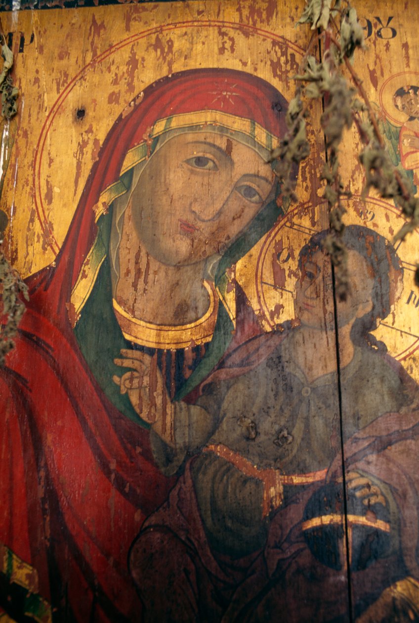 Madonna med barn, malt på tre i Agios Antonios kirke, Kavousi, Kreta, Hellas (bilde) av Theodore Charles Ange Coquelin