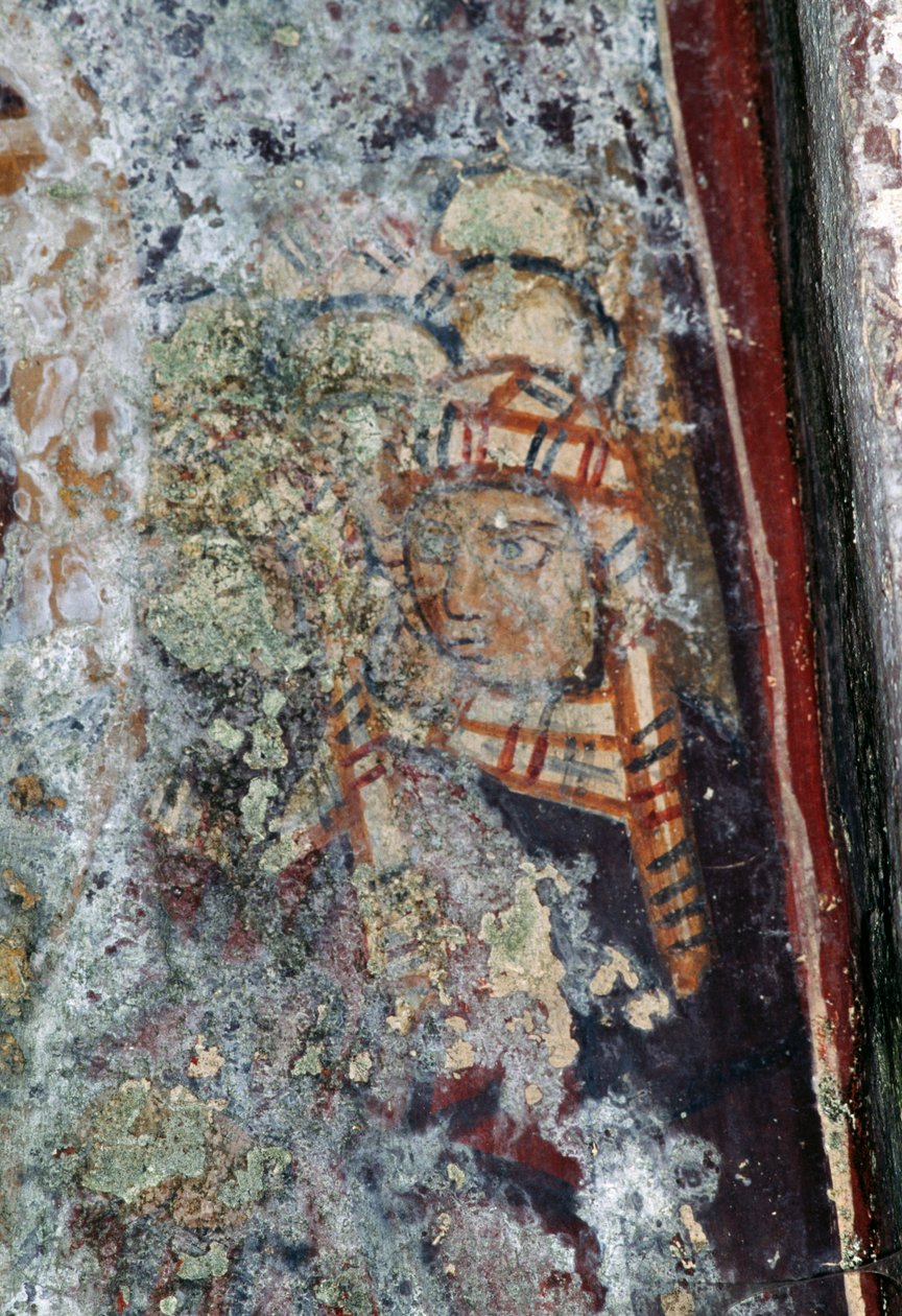Mannsfigur med hodeplagg, skadet freskomaleri i kirken Metamorphosis Sotiros, Voutas, Kreta, Hellas (bilde) av Theodore Charles Ange Coquelin