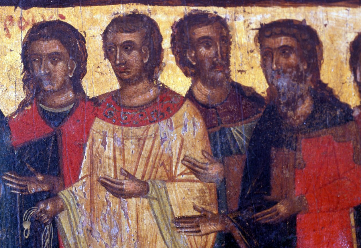 Mannsfigurer, trepanel i den bysantinske kirken Palea Roumata, Kreta, Hellas (bilde) av Theodore Charles Ange Coquelin