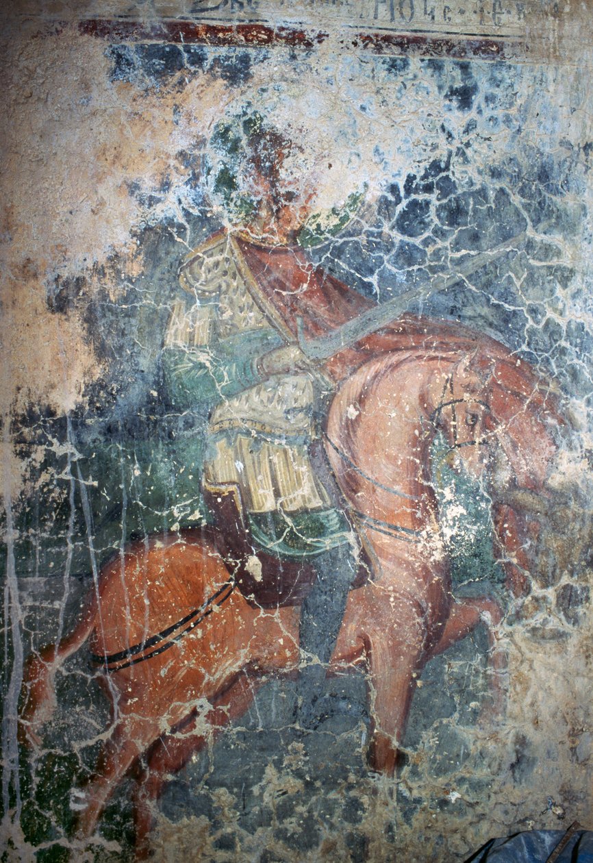 Mann på hesteryggen med sverd, freskomaleri i den bysantinske kirken Agios Athanasios, Kefali, Kreta, Hellas (bilde) av Theodore Charles Ange Coquelin