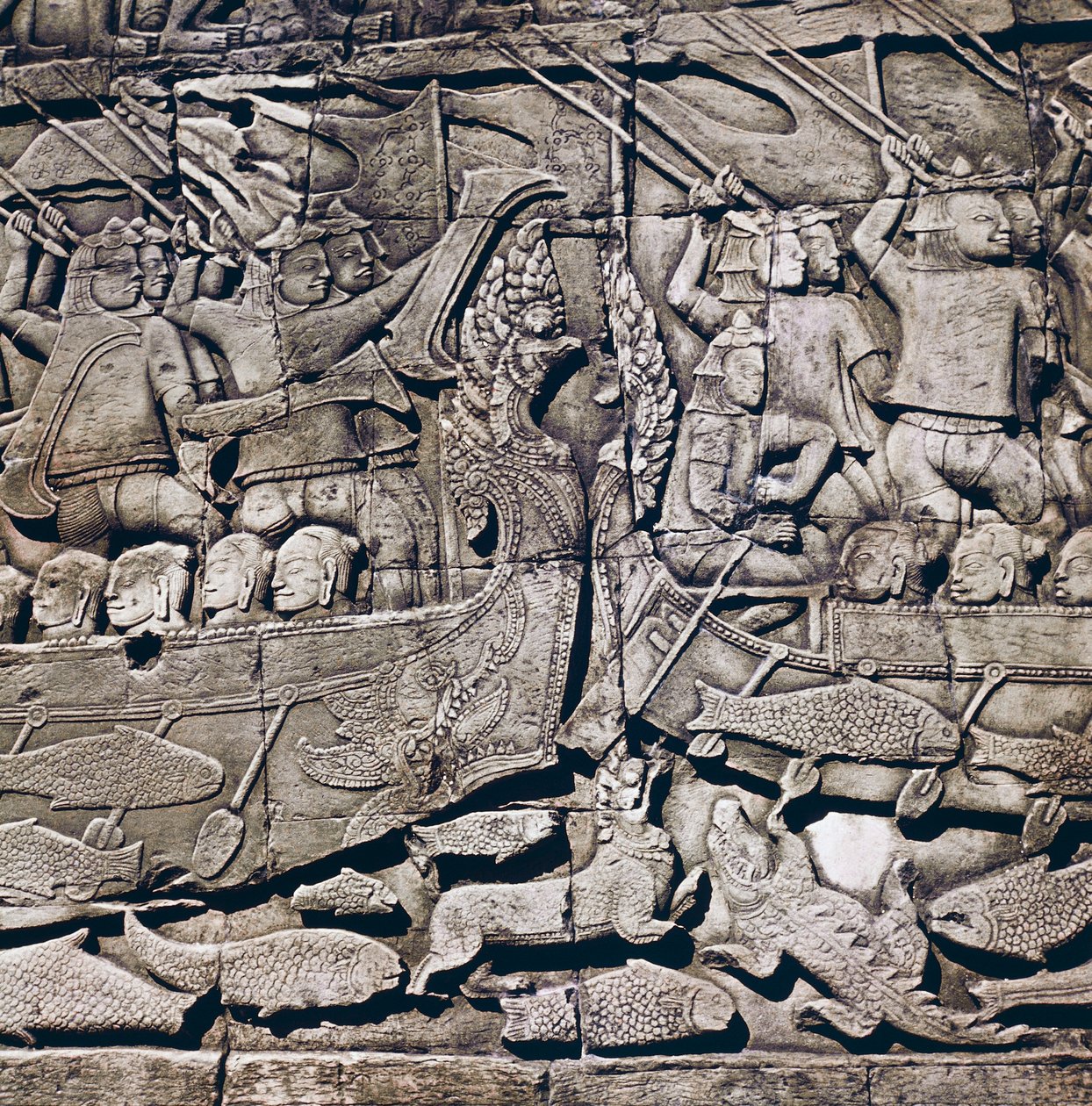 Sjøslag mellom Cham og Khmer, detalj av et basrelieff av Bayon-tempelet (1200-tallet), Angkor Thom, Angkor arkeologisk sted (UNESCOs verdensarvliste av Theodore Charles Ange Coquelin