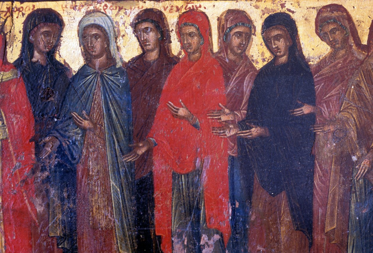Fromme kvinner, trepanel i den bysantinske kirken Palea Roumata, Kreta, Hellas (bilde) av Theodore Charles Ange Coquelin