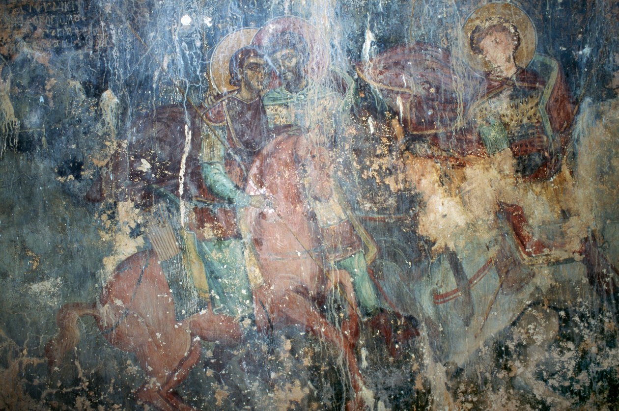 Hellige på hesteryggen, freskomaleri i den bysantinske kirken Agios Athanasios, Kefali, Kreta, Hellas (bilde) av Theodore Charles Ange Coquelin