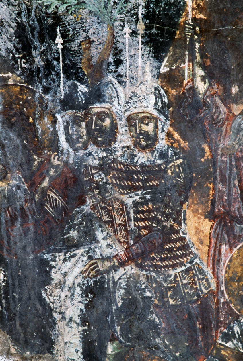 Soldat, skadet freskomaleri i taket til kirken Agios Vasileios, Vavouledo, Kreta, Hellas (bilde) av Theodore Charles Ange Coquelin