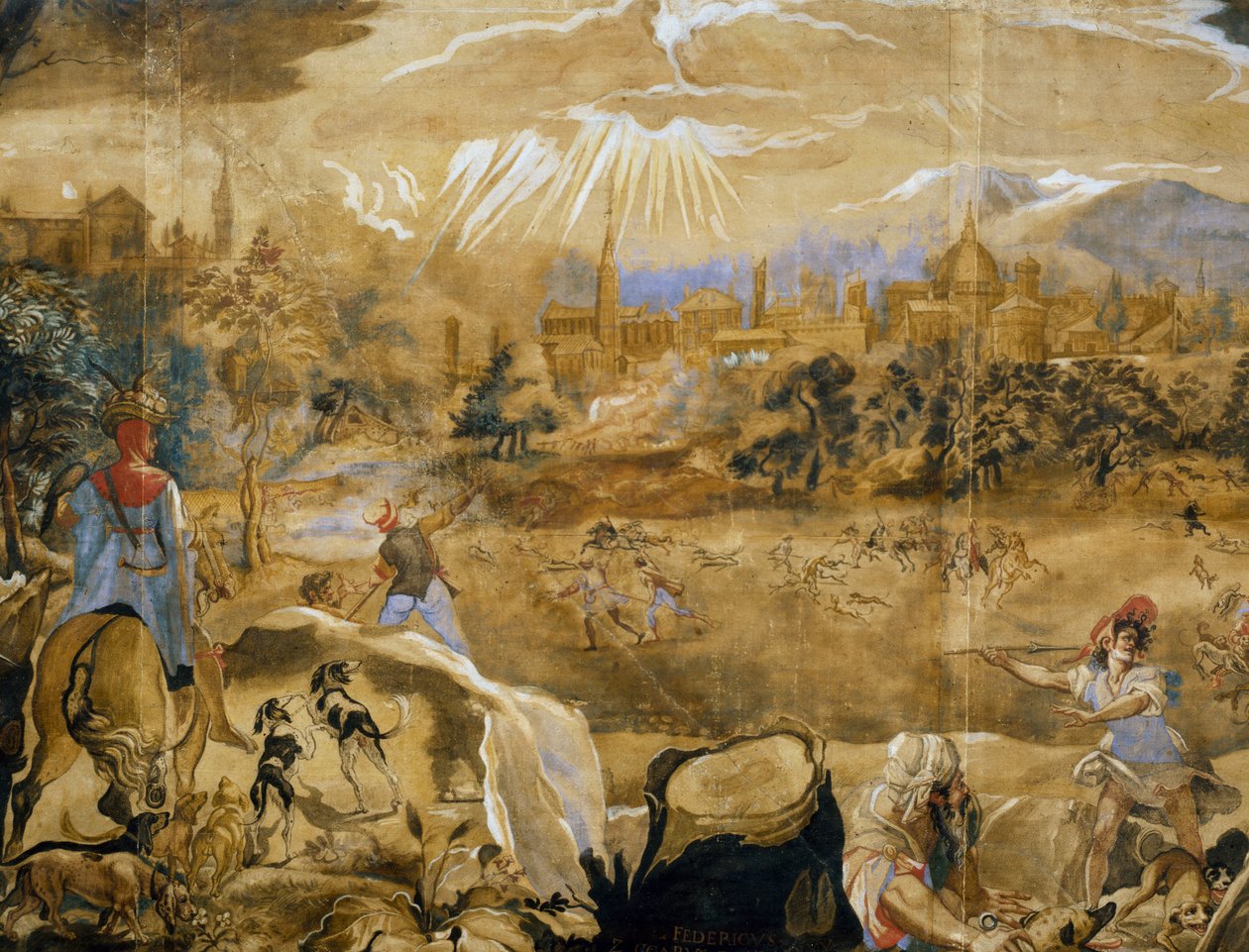 Hjortejakt (med ideell utsikt over Firenze i bakgrunnen), detalj, ca. 1565 av or Zuccaro Federico Zuccari