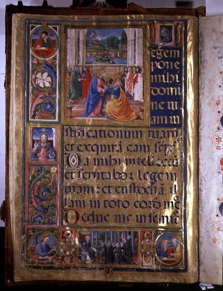 Ms 542 f.3v Side som viser Kristus som gir nøklene til St. Peter, fra en psalter skrevet av Don Appiano fra Church of the Badia Fiorentine, Firenze av or di Giovanni Monte del Fora