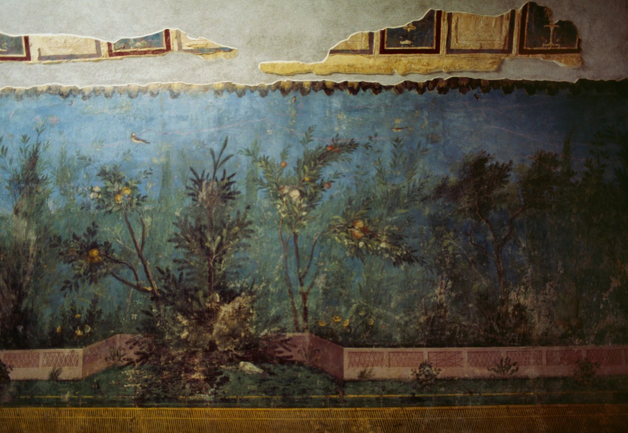 Fresco som viser en hage med trær og fugler, fra House of Livia på Palatine-høyden, Roma, Italia. romersk sivilisasjon av Unbekannt Unbekannt