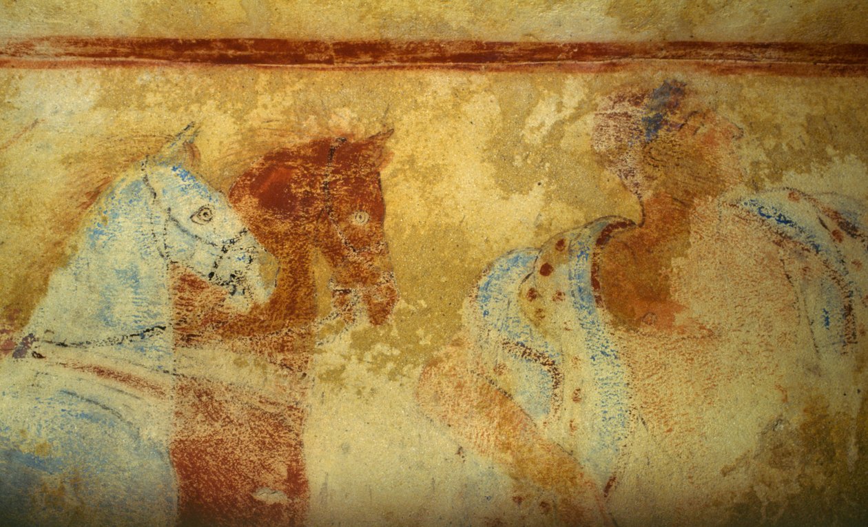 Begravelsesprosesjon med hester og mannsfigurer, freskomaleri, detaljer, Tomb of the Blue Demons, Necropolis of Tarquinia (UNESCOs verdensarvliste, 2004), Lazio, Italia. Etruskisk sivilisasjon, 500-tallet f.Kr. (bilde) av Unbekannt Unbekannt