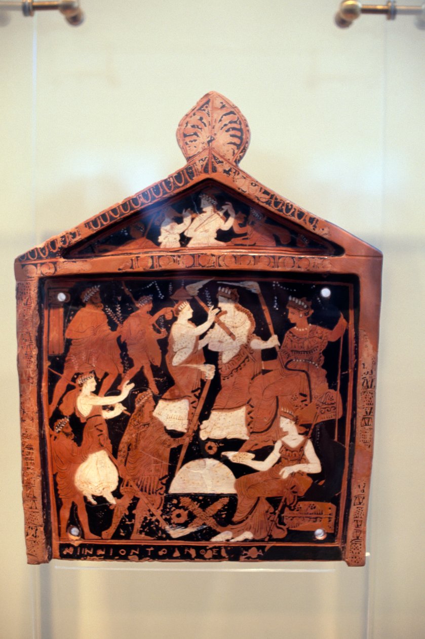 Ninnion-tavle, ex-voto som viser Iacchus som leder prosesjon foran Demeter og Persephone, ca 370 f.Kr., funnet i Sanctuary of Eleusis, Garcia, gresk sivilisasjon, sent på 4. århundre f.Kr. av Unbekannt Unbekannt
