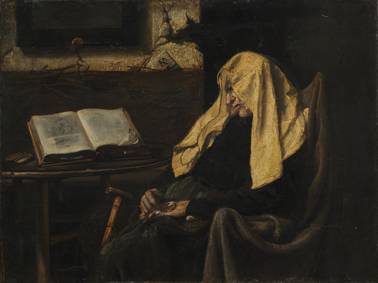 Gammel kvinne sover av possibly France, mid 19th Century