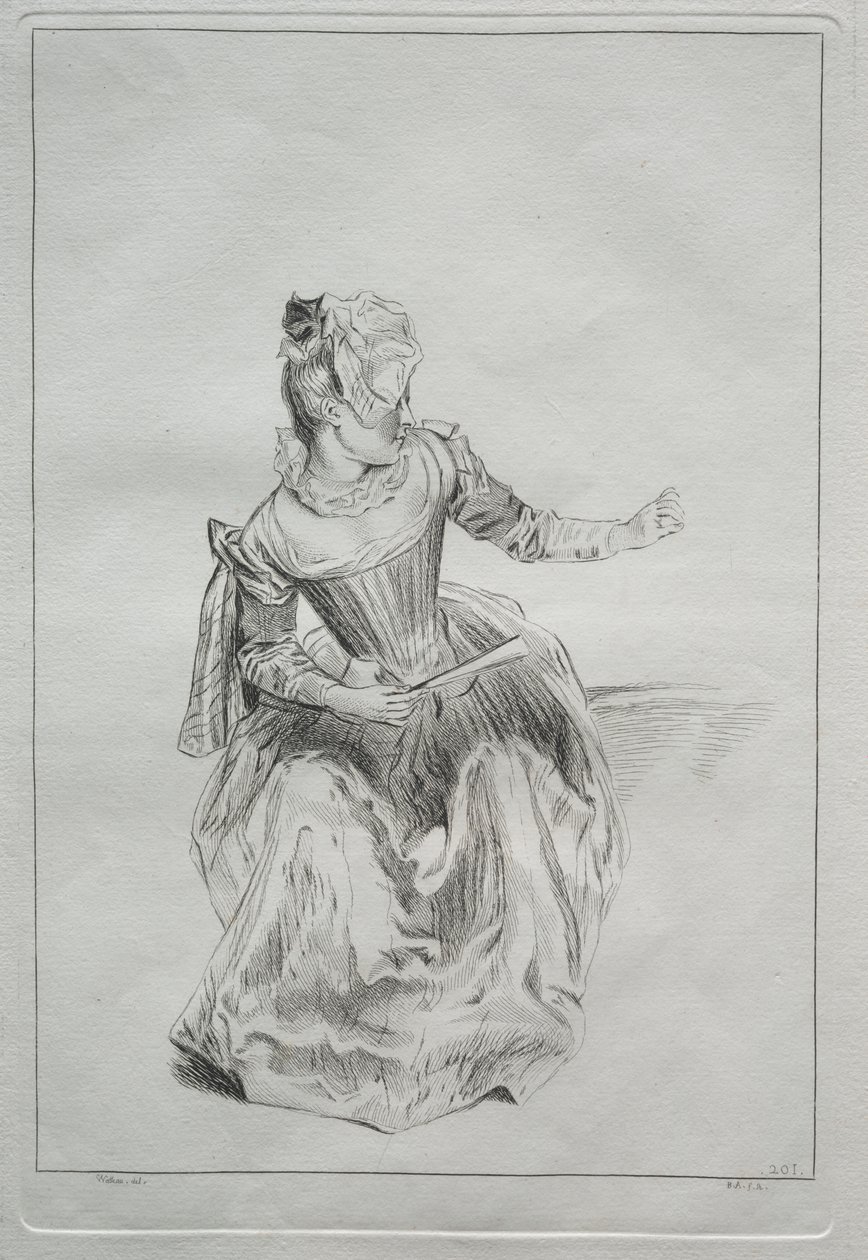 Kvinne som holder en vifte av possibly by Benoit II Audran