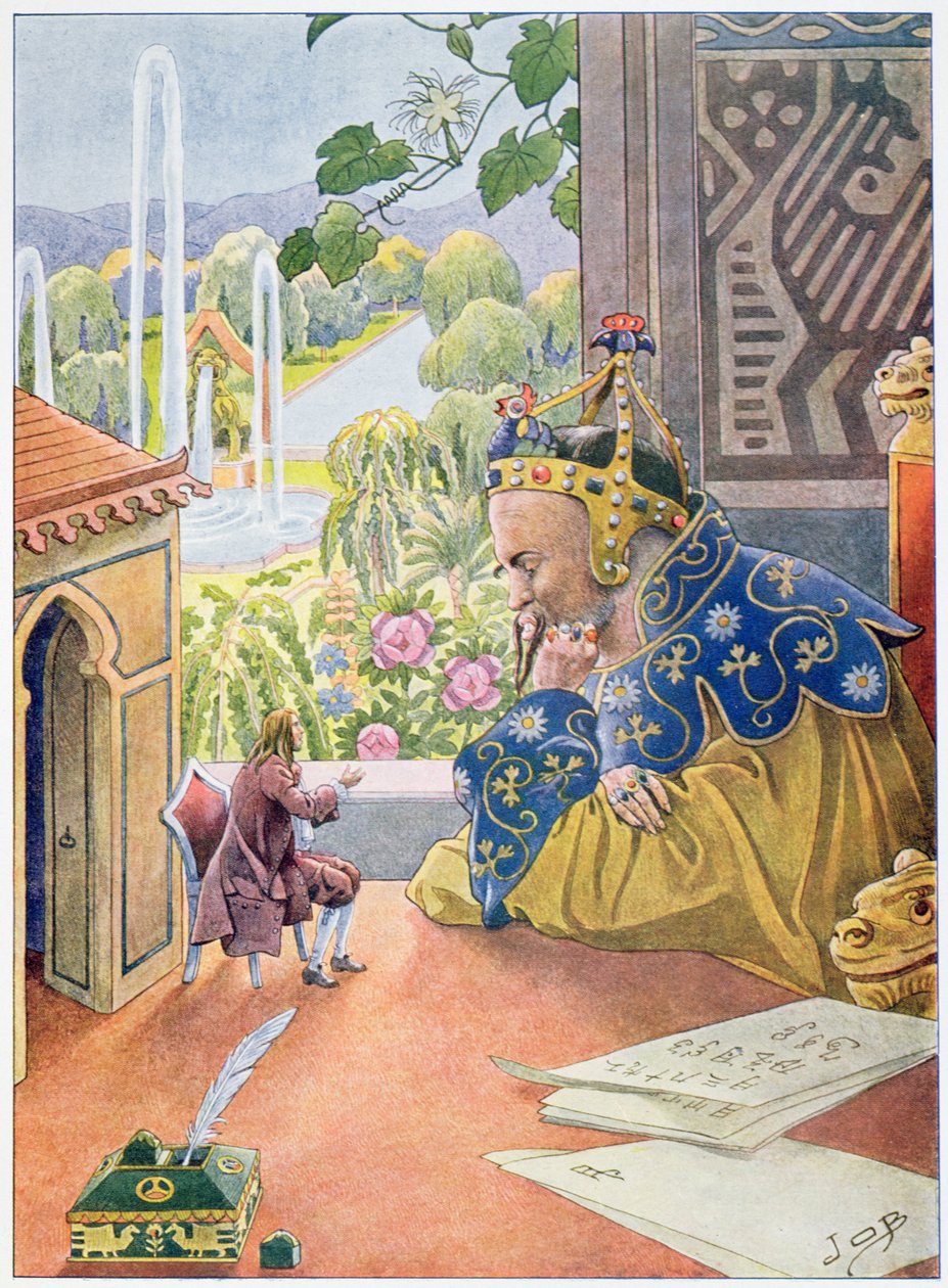 Gulliver beskriver regjeringssystemet i England til kongen av Brobdingnag, ca. 1900 av Jacques Marie Gaston Onfray de Breville (Job)