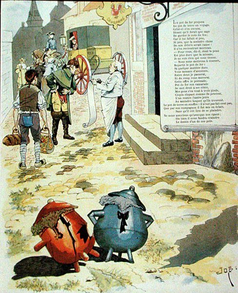Illustrasjon for The Earthen Pot and the Iron Pot, fra Fables av Jean de La Fontaine (1621-95) (fargegravering) av Onfray de Breville Job