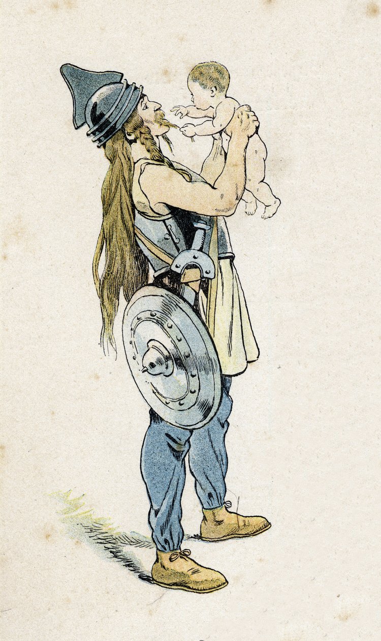 En gallisk kriger med barnet sitt. i "" Frankrike, hans historie fortalt av G. Montorgueil, avbildet av Job""" 1896. Privat samling. av pseudonym for Onfray de Breville Jacques Job