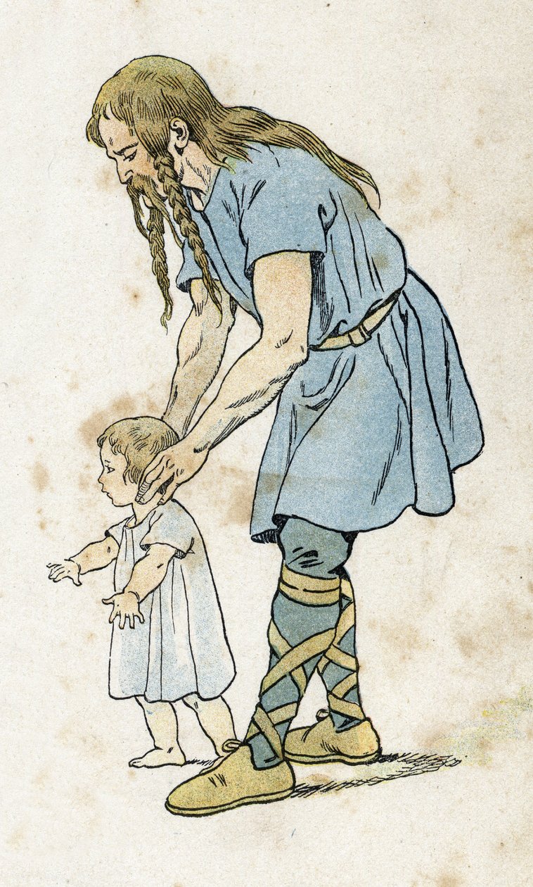 A Gaul with his child. in “” France, his story told by G. Montorgueil, imageed by Job”” 1896. Private collection. av pseudonym for Onfray de Breville Jacques Job