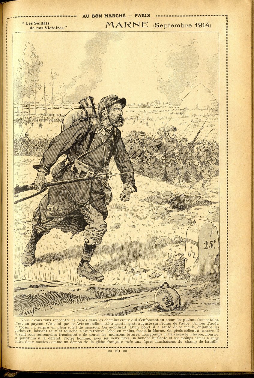 Dagbok Buvard du Bon Marche 1917 - Illustrasjon av Job (Jacques Marie (Jacques-Marie) Gaston Onfray og Breville) (1858-1931): Marne september 1914 - 14. -18. krig, Marne, store slag, slaget ved Marne - soldater av pseudonym for Onfray de Breville Jacques Job