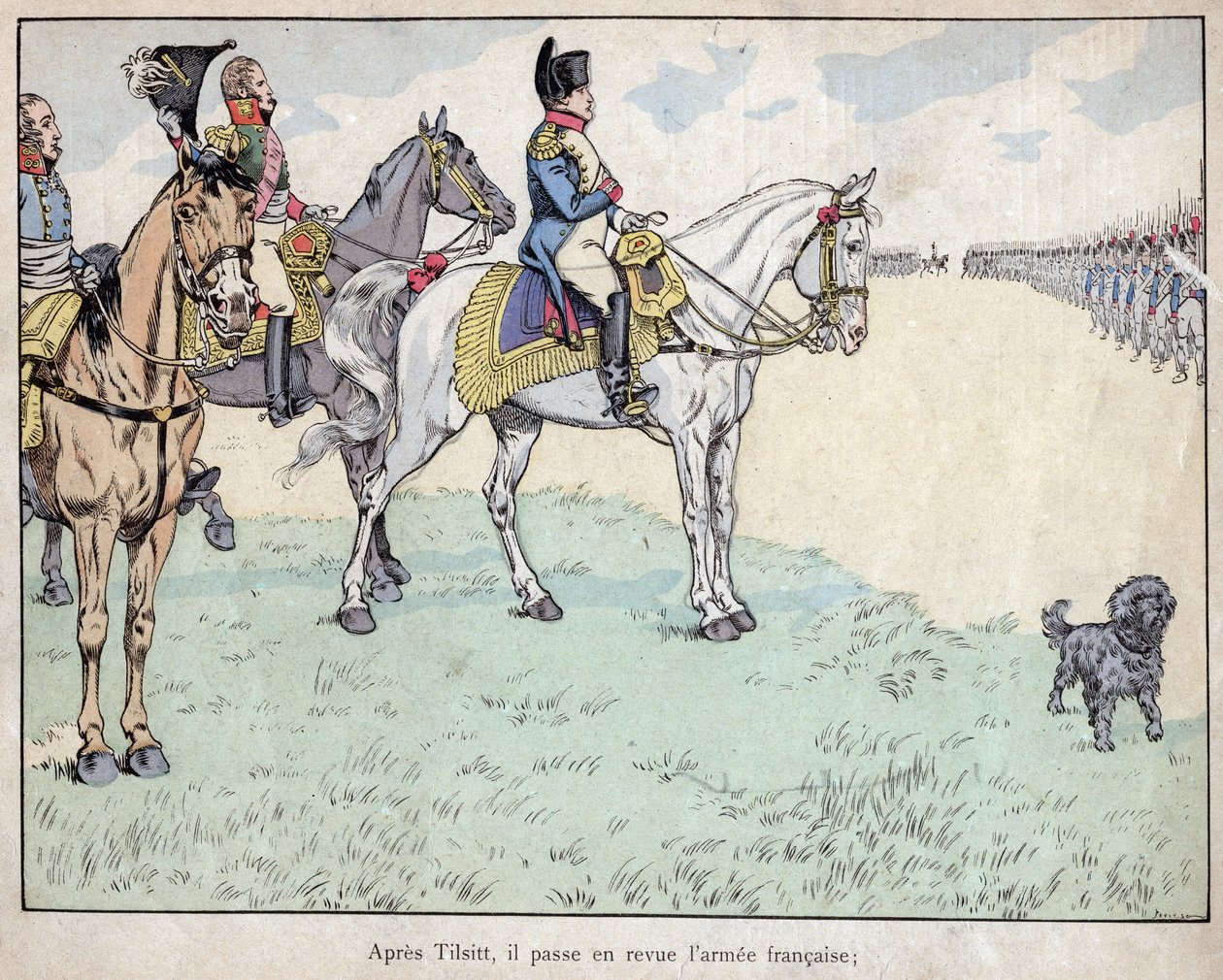 Apres Tilsit - Napoleon gjennomgår den franske hæren etter å ha signert Tilsit-traktatene, 7. juli 1807 - litografi av Job (Jacques Onfroy de Breville) fra "" Le Grand Napoleon des Petites Enfants""" 1893 av pseudonym for Onfray de Breville Jacques Job
