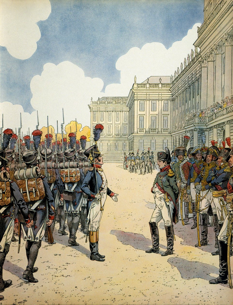 Ved Schoebrunn gjennomgikk Napoleon I Bonaparte (1769-1821) troppene før slaget ved Wagram 5. og 6. juli av pseudonym for Onfray de Breville Jacques Job