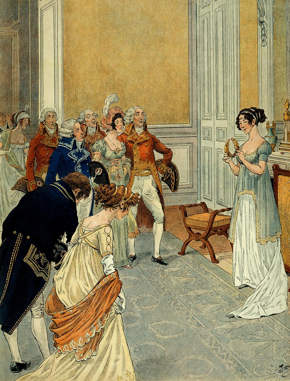 På Tuileriene forlot ministre, diplomater og statsråder konsulene som hadde kunngjort Marengos seier (den første italienske kampanjen (1796-1797) kom for å gratulere Josephine de Beauharnais (1763-1814); hun holder en laurbærkrans separat. av pseudonym for Onfray de Breville Jacques Job