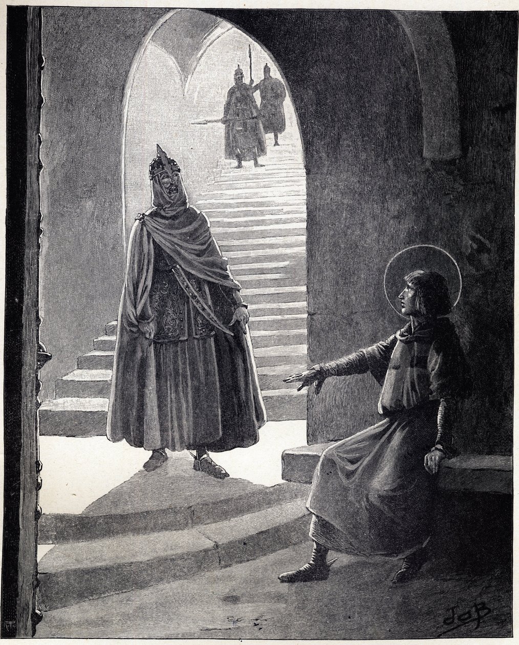 Vær en kristen, jeg vil gjøre deg til ridder. Ordene til Ludvig IX sa Saint Louis (1214-1270) til en bokhvetehøvding som gikk inn i fengselet for å gjøre seg selv til ridder. Illustrasjon av Job (Jacques Marie Gaston Onfray og Breville) (Jacques-Marie) (18 av pseudonym for Onfray de Breville Jacques Job