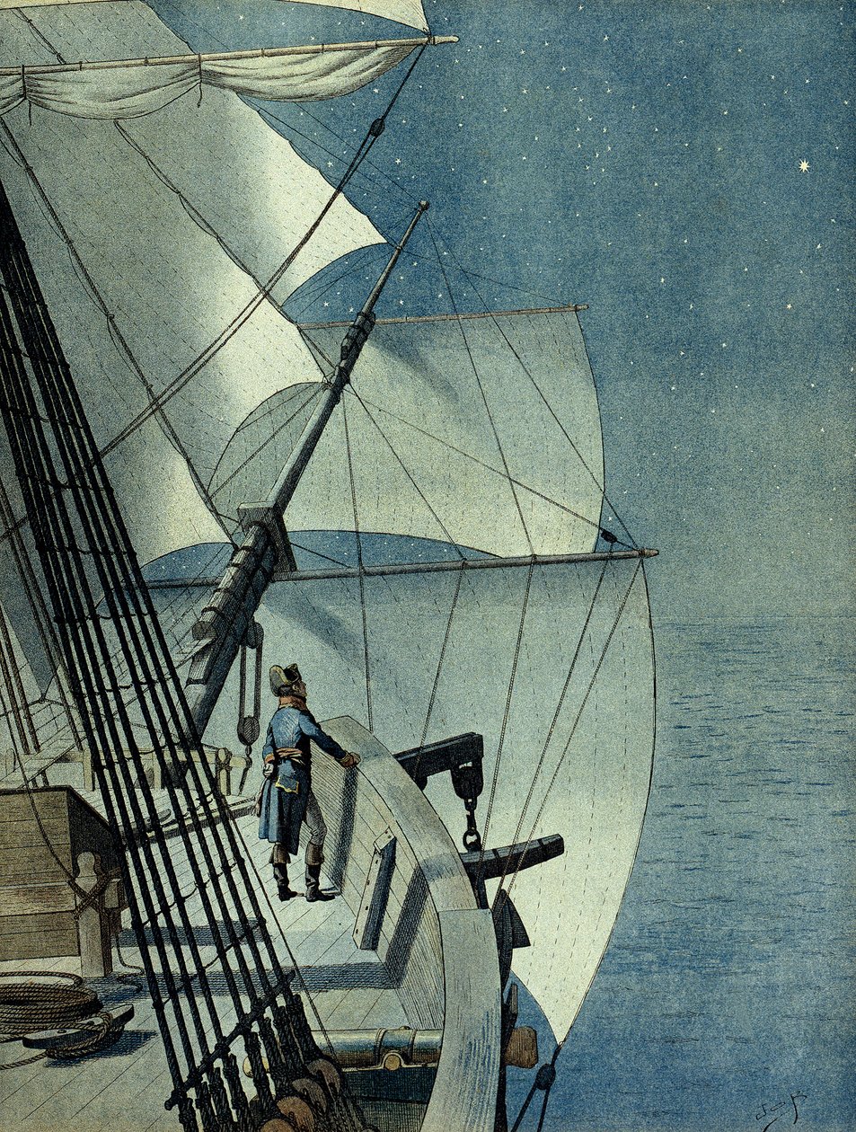 Kampanje (ekspedisjon) av Egypt (1798-1801): retur fra Alexandria til Egypt ombord på fregatten "La Muiron", Napoleon I Bonaparte (1769-1821) alene på broen til båten betrakter Middelhavet om natten av pseudonym for Onfray de Breville Jacques Job
