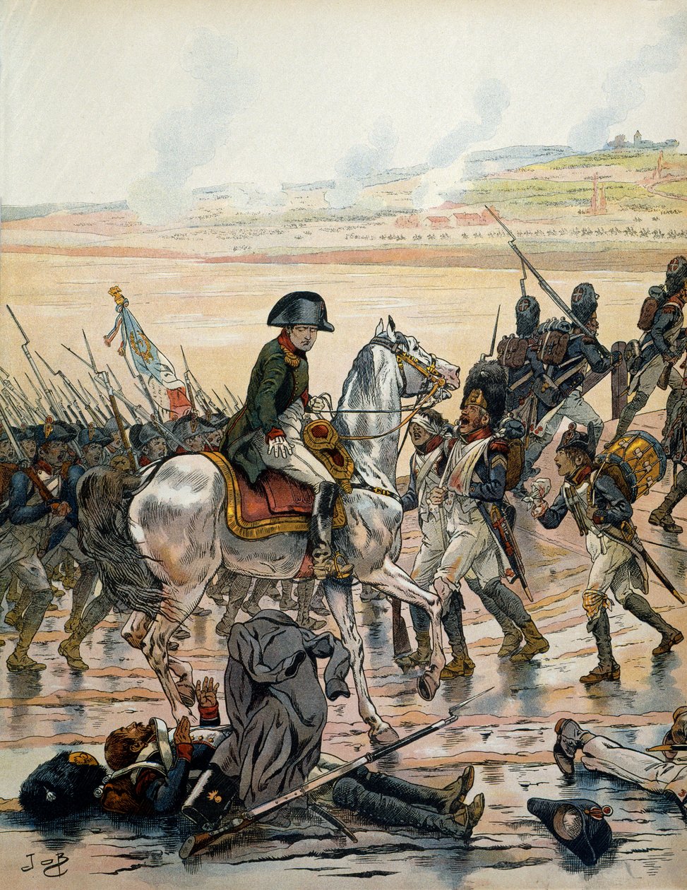 Campaign of Austria (1805): I Elchingen gjenkjenner Napoleon I Bonaparte (1769-1821) som besøker slagmarken en grenader fra hæren til Egypt, liggende på ryggen, utsetter seg for regnet som faller til strømmer, og fortsetter å rope til hans kamerater “” for av pseudonym for Onfray de Breville Jacques Job