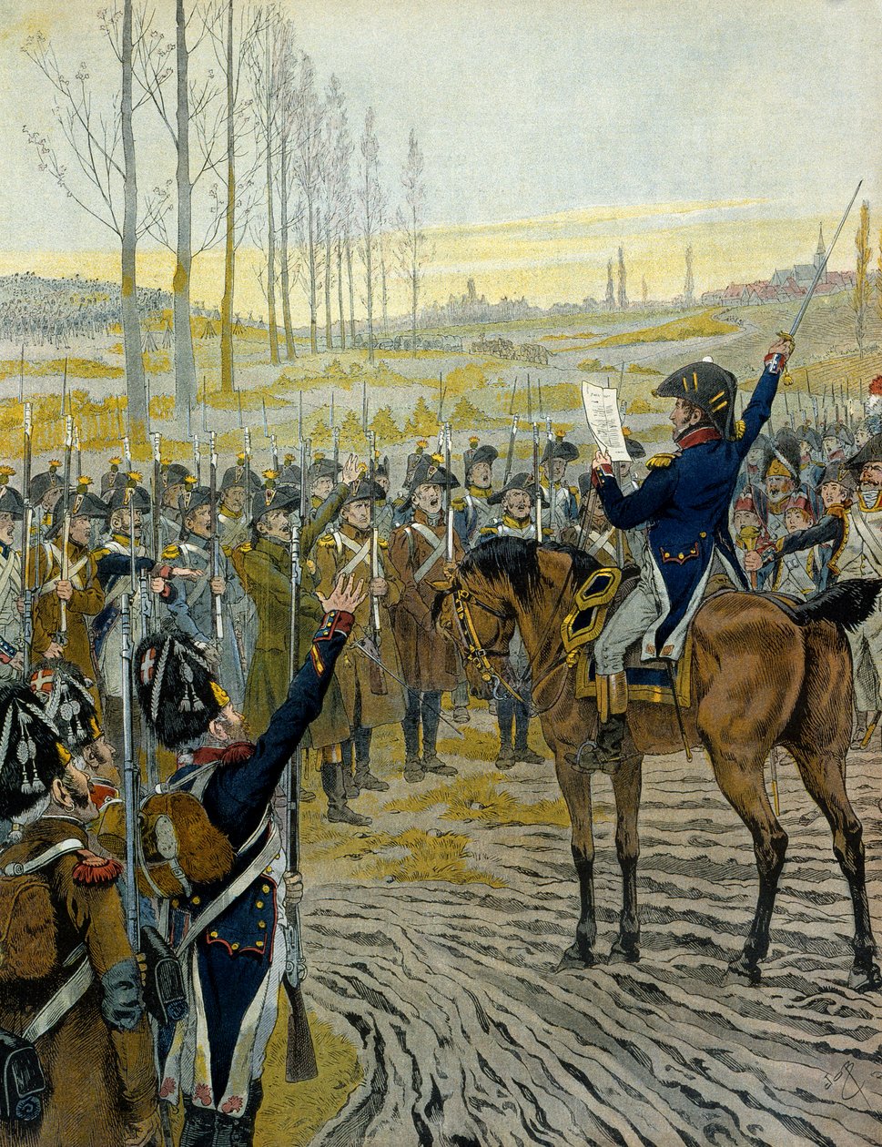 Kampanje for Østerrike (1805): Proklamasjon av keiser Napoleon I Bonaparte (1769-1821) til troppene før slaget ved Austerlitz 2. desember 1805. I "" Napoleon"" av Georges Montorgueil. Illustrasjon av Jacques Marie Gaston Onfray de Breville denne JOBB av pseudonym for Onfray de Breville Jacques Job