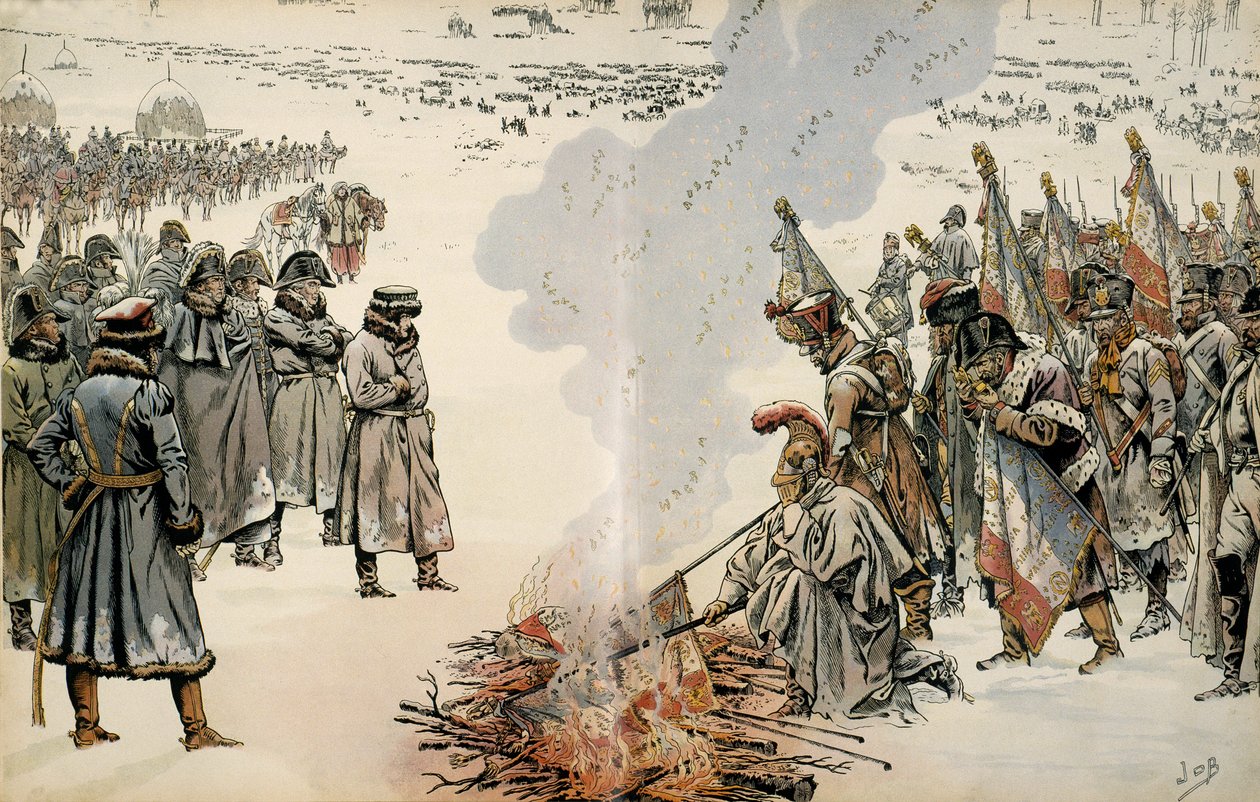 Campaign of Russia (1812): Under Russlands retrett beordret Napoleon I Bonaparte (1769-1821) å brenne flagg og ørner for å hindre fienden i å overta dem. I "" Napoleon"" av Georges Montorgueil. Illustrasjon av Jacques Marie Gaston Onfray av pseudonym for Onfray de Breville Jacques Job