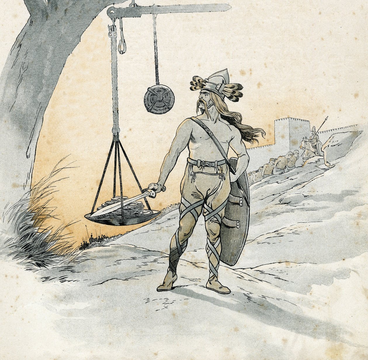 Erobringen av Roma (Rancon av Roma i 390 f.Kr.). Histoire de Brennus (Brennos), gallisk krigsherre som uttalte det forferdelige ordet Vae Victis (ulykke for de beseirede). i "" Frankrike, hans historie fortalt av G. Montorgueil, avbildet av Job"" 1896. Pri av pseudonym for Onfray de Breville Jacques Job