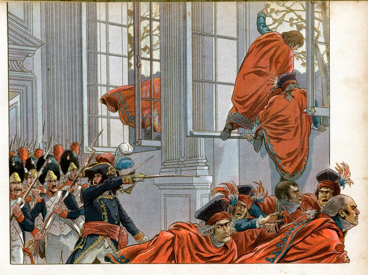 Konsulat: Joachim Murat (1767-1815) går inn i Chamber of the Council of Five Cents (Five Cents) (Room of the 500) med 50 menn for å drive ut senatorene under statskuppet av 18-tåken (9/11) /1799) som avsluttet hovedstyret og fødte av pseudonym for Onfray de Breville Jacques Job