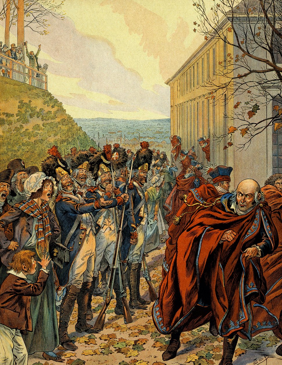 Kupp av Napoleon I Bonaparte (1769-1821): Flyvning fra Council of Five Cents (Five Cents) (500 rom) den 19. brumaire (10. november) av pseudonym for Onfray de Breville Jacques Job