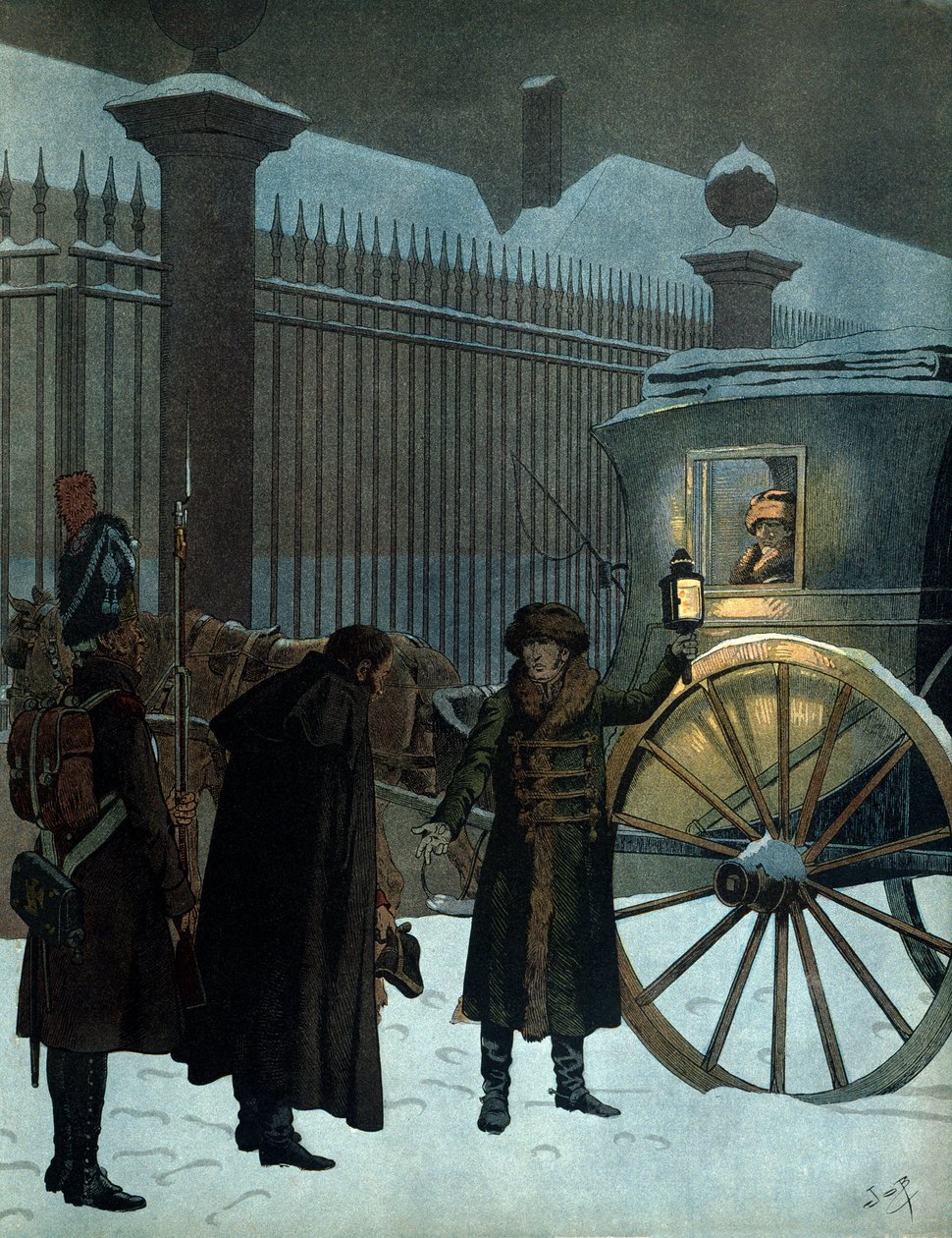 Beseiret det russiske felttoget og returnerte til Paris: Napoleon I Bonaparte (1769-1821) i en sedan ankom tuileriene 18. desember 1812 klokken 11 om kvelden etter den russiske retretten. I "" Napoleon"" av Georges Montorgueil. Illustrasjon av J av pseudonym for Onfray de Breville Jacques Job