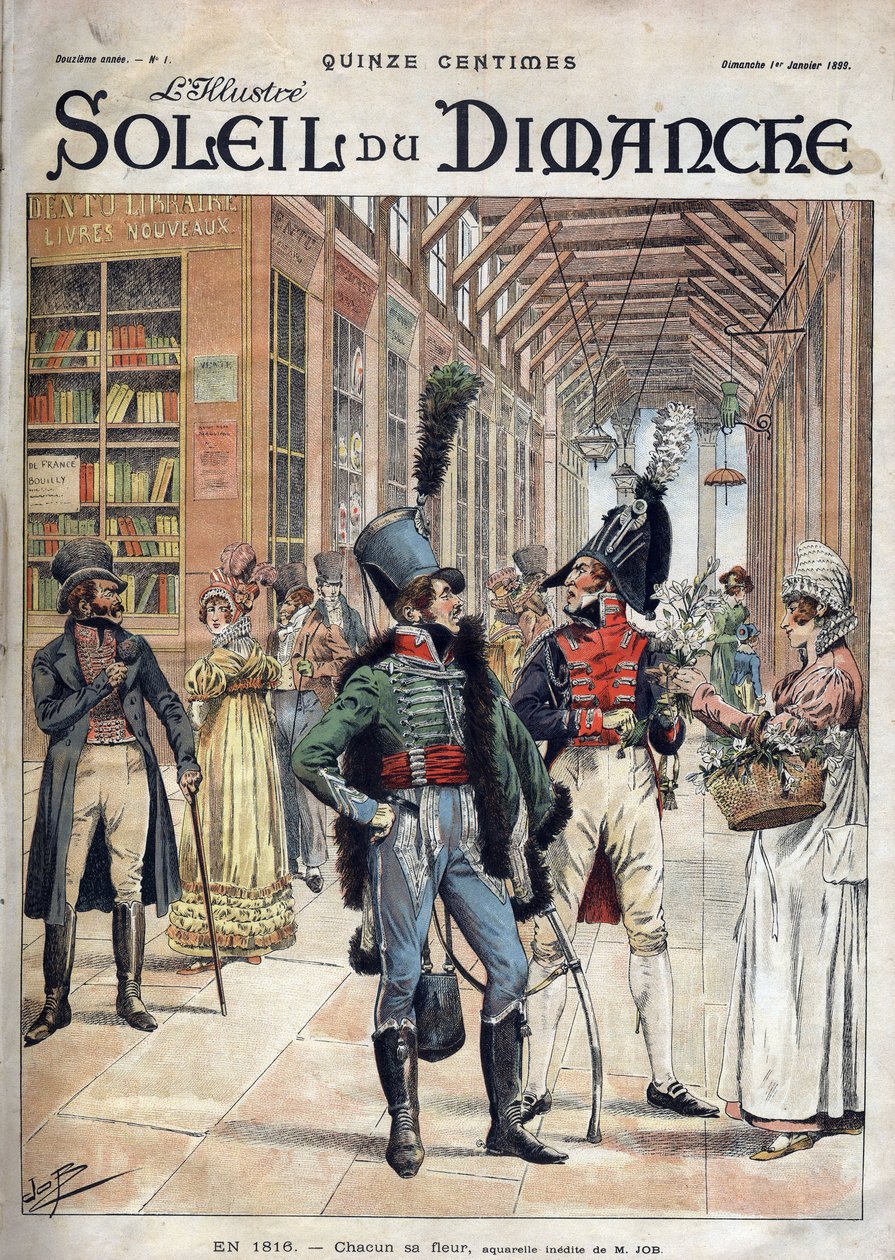 Hver sin blomst. En soldat kjøpte blomster av en selger i et overbygd galleri i Paris i 1816. Fra en akvarell av Mr. Job. Gravering i «Le sun-du-dimanche», LE 1 JANUAR 1899. av pseudonym for Onfray de Breville Jacques Job
