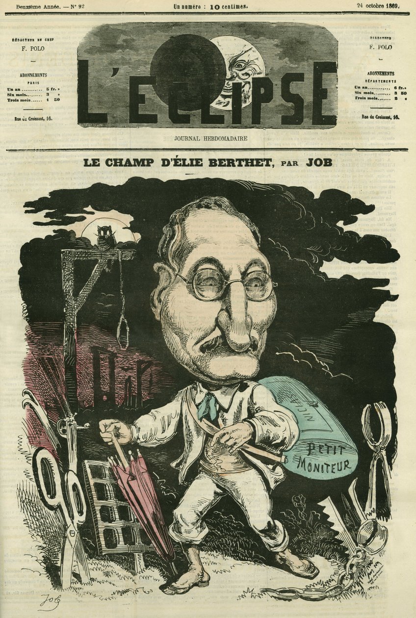 Elie Berthet, fransk mann av bokstaver. Omslag i "" L'Eclipse"" av Job, 24. oktober av pseudonym for Onfray de Breville Jacques Job