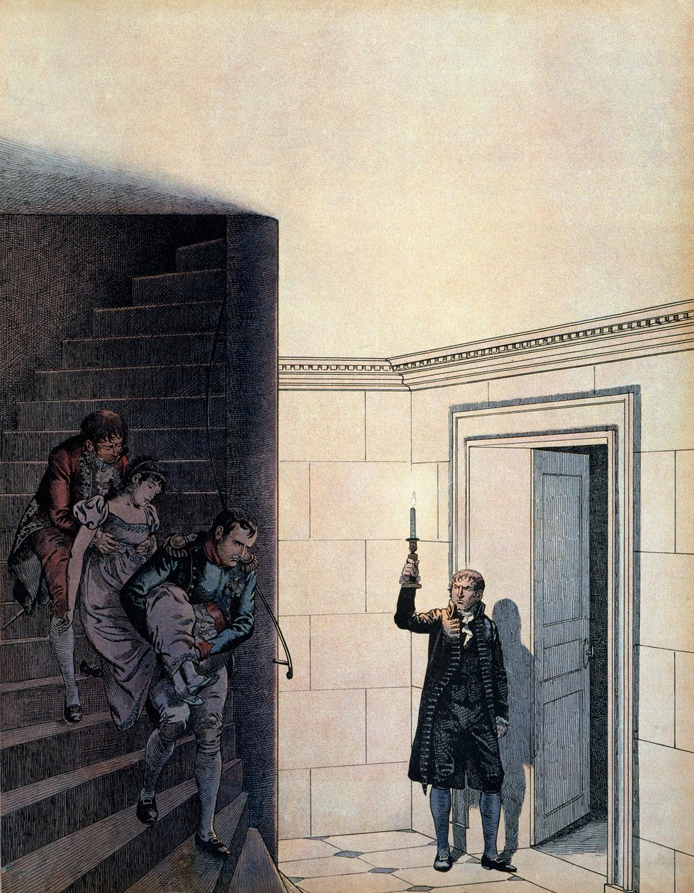 Keiser Napoleon I Bonaparte (1769-1821) og hans kammerherre etter kunngjøringen av hennes skilsmisse i 1809, hadde keiser Josephine (1763-1814) forsvunnet på soverommet hennes. I "" Napoleon"" av Georges Montorgueil. Illustrasjon av Jacques Marie Gaston On av pseudonym for Onfray de Breville Jacques Job