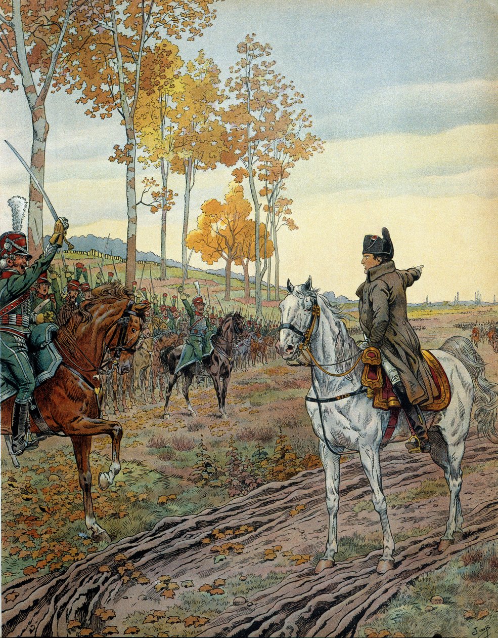 Keiser Napoleon I Bonaparte (1769-1821) harrangert det andre regimentet av hestejegere i 1806 under felttoget til Preussen (Tyskland) før slaget ved Iena 14. oktober 1806. I "" Napoleon"" av Georges Montorgueil. Illustrasjon av Jacques Marie av pseudonym for Onfray de Breville Jacques Job