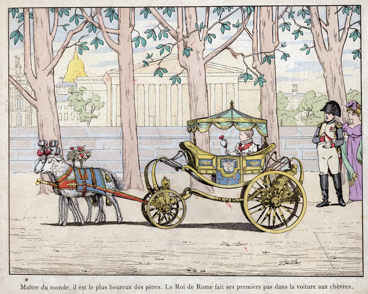 Emperor Napoleon I Bonaparte (1769-1821) with his son Prince Napoleon Francois Charles Joseph Bonaparte, who became the king of Rome Napoleon II also later called the Aiglon - Napoleon watching the King of Italy (Napoleon II) taking his first steps in a ca av pseudonym for Onfray de Breville Jacques Job