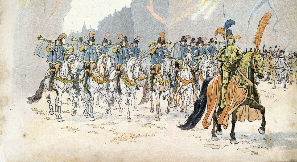 Entrée of King Charles VI (1368-1422) in Paris accompanies thirty trumpets. in “” France, his story told by G. Montorgueil, imagee by Job””” 1896. Private collection. av pseudonym for Onfray de Breville Jacques Job