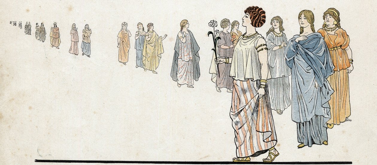 Femmes des “” free men”” (free citizens) wearing their dresses stapled on the shoulder and heavy jewels on the arms. in “” France, his story told by G. Montorgueil, imagee by Job””” 1896. Private collection. av pseudonym for Onfray de Breville Jacques Job