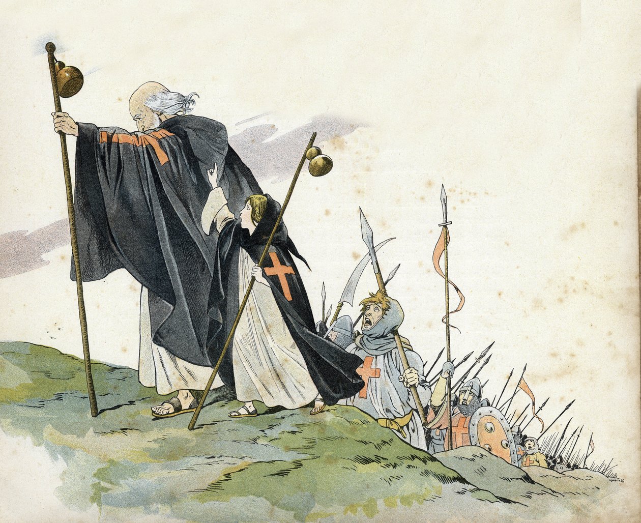 Første korstog: Eremitten Peter (1050-1115) leder korstoget til ropet om "Gud vil det!" . Han har på seg frakk, slår med et kors og holder en pelerinhumle. En liten jente som symboliserer Frankrike følger henne. i "" Frankrike, historien hennes fortalt av  av pseudonym for Onfray de Breville Jacques Job