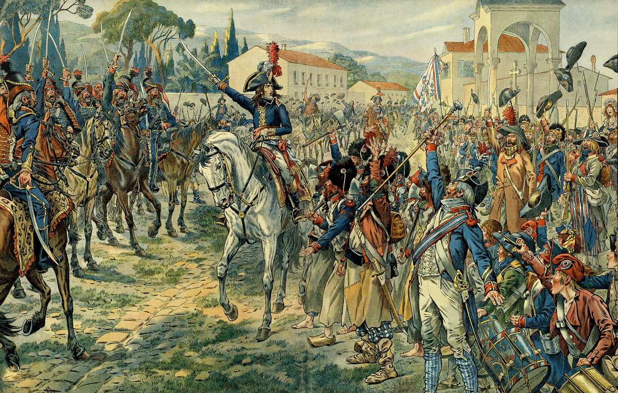 Første italienske felttog (1796-1797): Napoleon I Bonaparte (1769-1821) anmeldte Italias hær i Nice 27. mars 1796. Illustrasjon av Jacques Marie Gaston Onfray de Breville dit JOB (1858-1931). Privat samling av pseudonym for Onfray de Breville Jacques Job