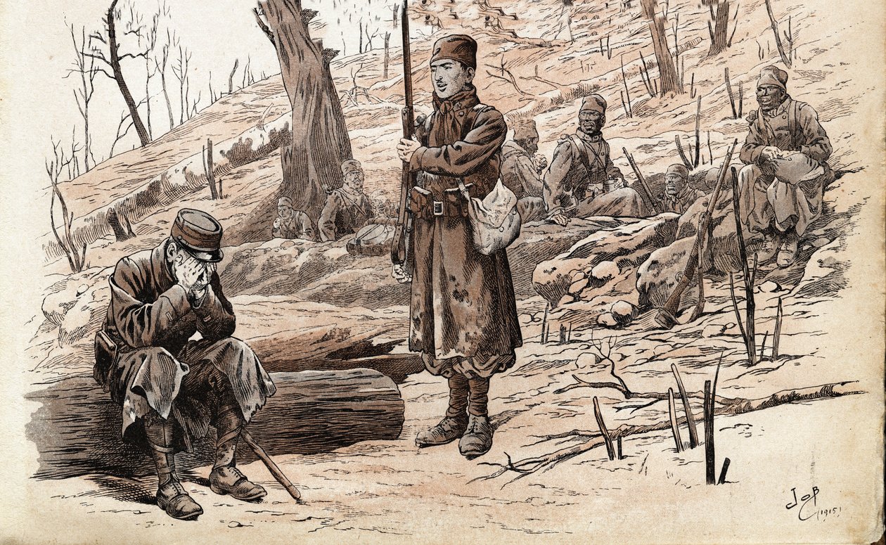 Første verdenskrig 1914-1918: Infanteristsoldat og senegalesiske Tirailleurs fra den franske hæren. Illustrasjon av Job (Jacques Marie Gaston Onfray og Breville) (Jacques-Marie) (1858-1931) for boken «Les grands mots historique du pays de France»» 1915. Pr av pseudonym for Onfray de Breville Jacques Job