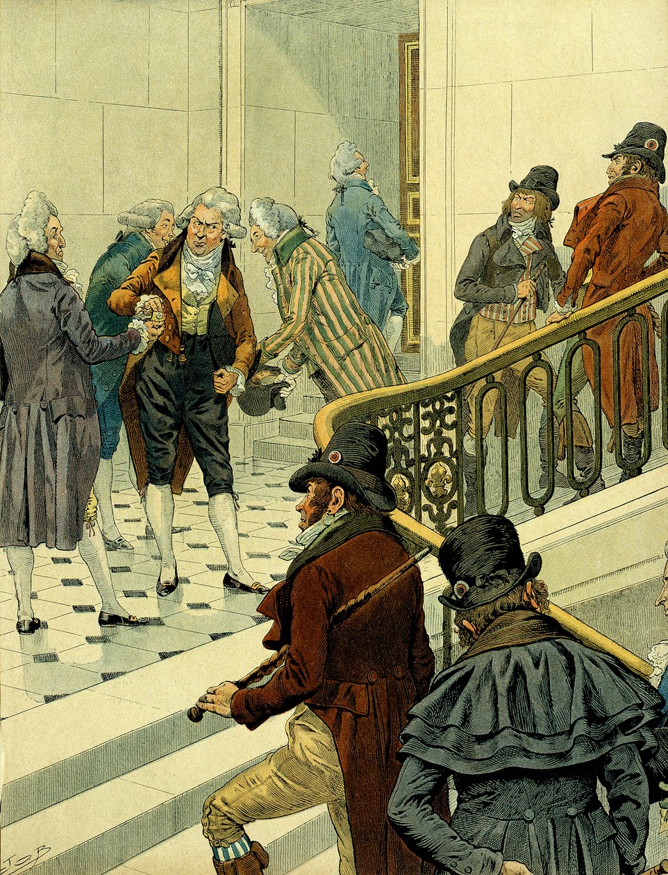 Første imperium av Napoleon I Bonaparte (1769-1821): møte i trappen til tuileriene mellom hjemvendte emigranter og de tidligere revolusjonære. Illustrasjon av Jacques Marie Gaston Onfray de Breville dit JOB (1858-1931). Privat samling av pseudonym for Onfray de Breville Jacques Job