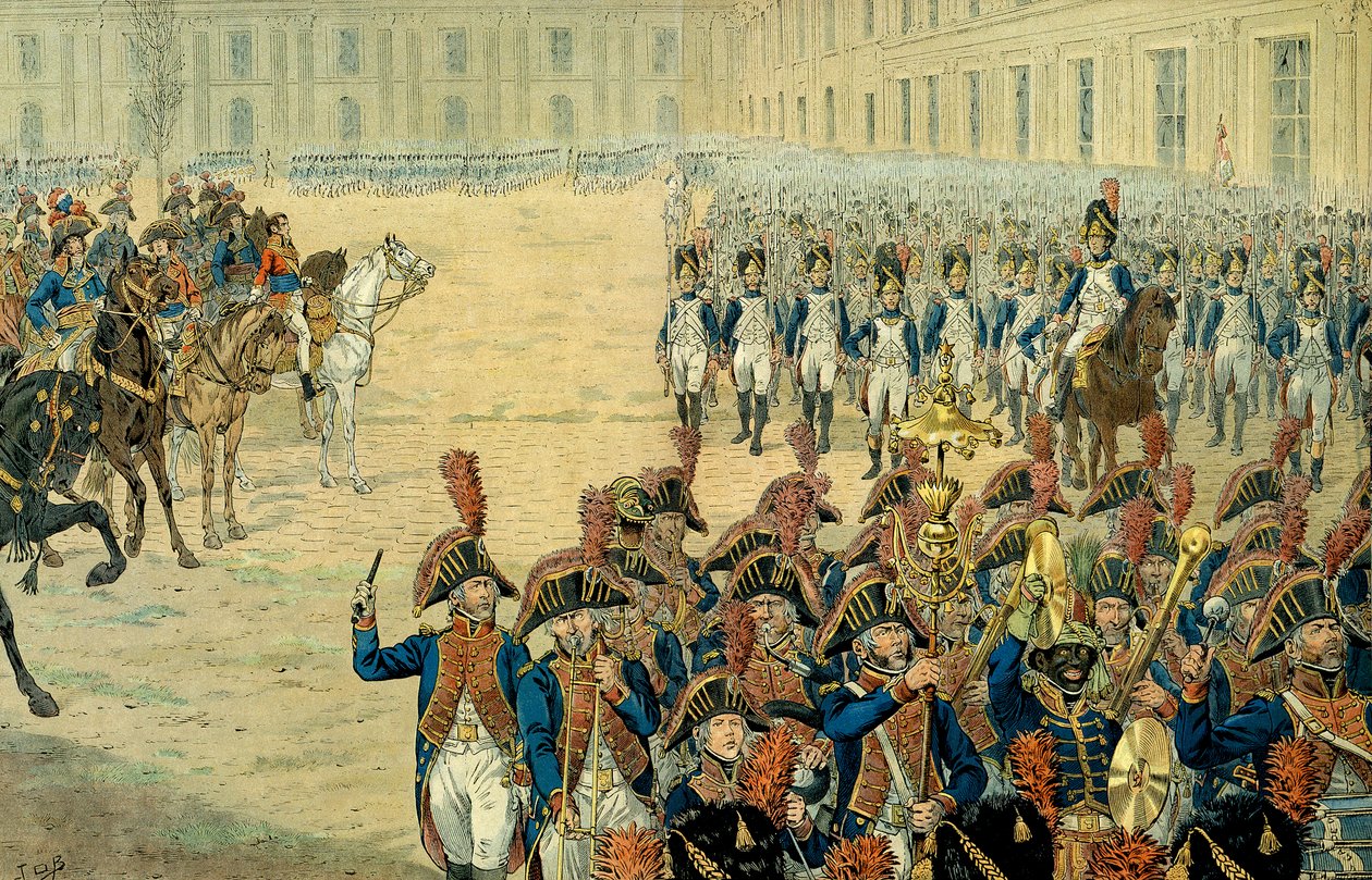 Første anmeldelse av den konsulære vakten på gårdsplassen til Tuileriene av Napoleon I Bonaparte (1769-1821). Etter vedtakelsen av grunnloven i 1800, forlot regjeringen Peer-Luxembourg for å bosette seg i Tuileriene. På dagen for installasjonen hans, Fi av pseudonym for Onfray de Breville Jacques Job