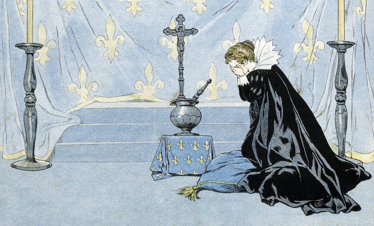Frankrike, representert ved en kvinne iført svart kappe, sørger over døden til kong Henrik IV (1553-1610). i "Frankrike, hans historie fortalt av G. Montorgueil, avbildet av Job"" 1896. Privat samling. av pseudonym for Onfray de Breville Jacques Job