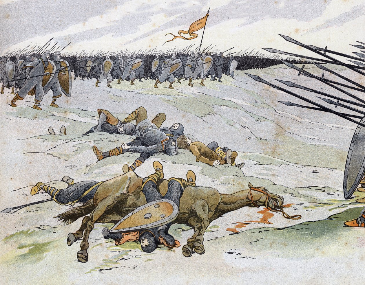 Franco-English War (1202-1214): soldiers who died at the Battle of Bouvines on 27/07/1214 which opposed the French army of Philippe Auguste to the Flemish and Welfs of Othon IV. in “France, its story told by G. Montorgueil, imagee by Job”” 1896. Private co av pseudonym for Onfray de Breville Jacques Job