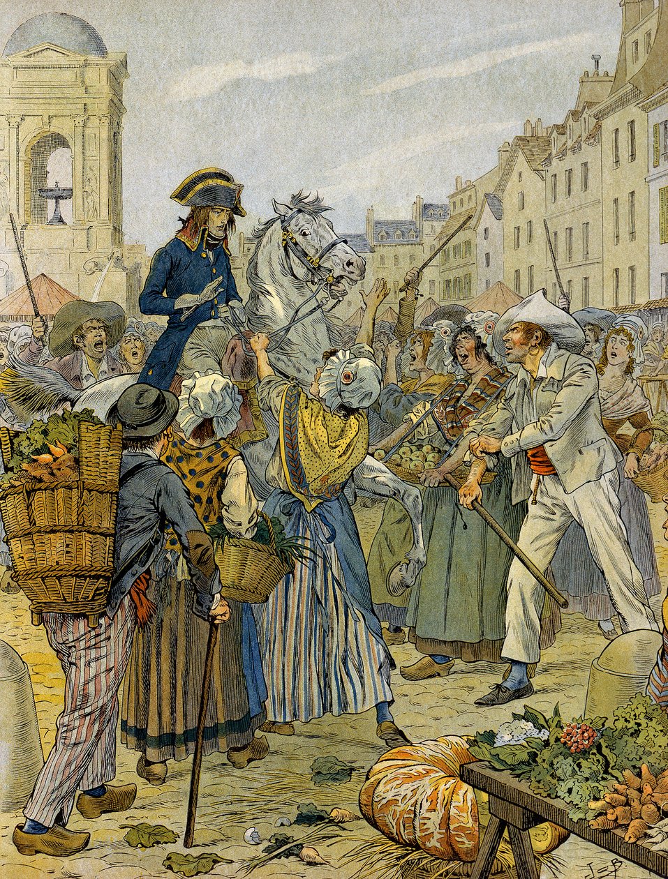 Fransk revolusjon 1789: Napoleon I Bonaparte (1769-1821) tok parti av den revolusjonære befolkningen og uten truser (uten truser) i Les Halles. Illustrasjon av Jacques Marie Gaston Onfray de Breville dit JOB (1858-1931). Privat samling av pseudonym for Onfray de Breville Jacques Job